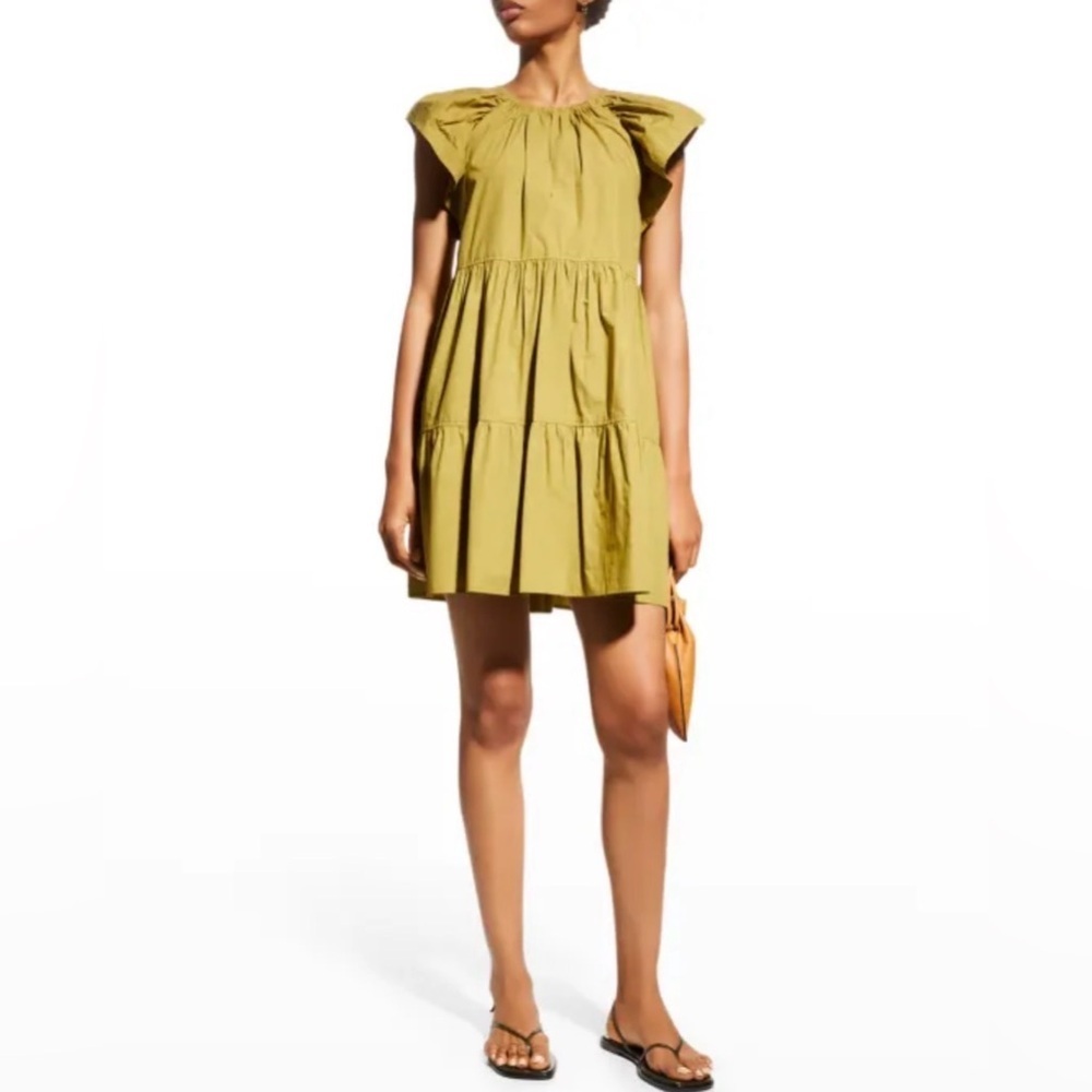 Marie Oliver Kara Tiered Flutter-Sleeve Moss Green Dress Size S